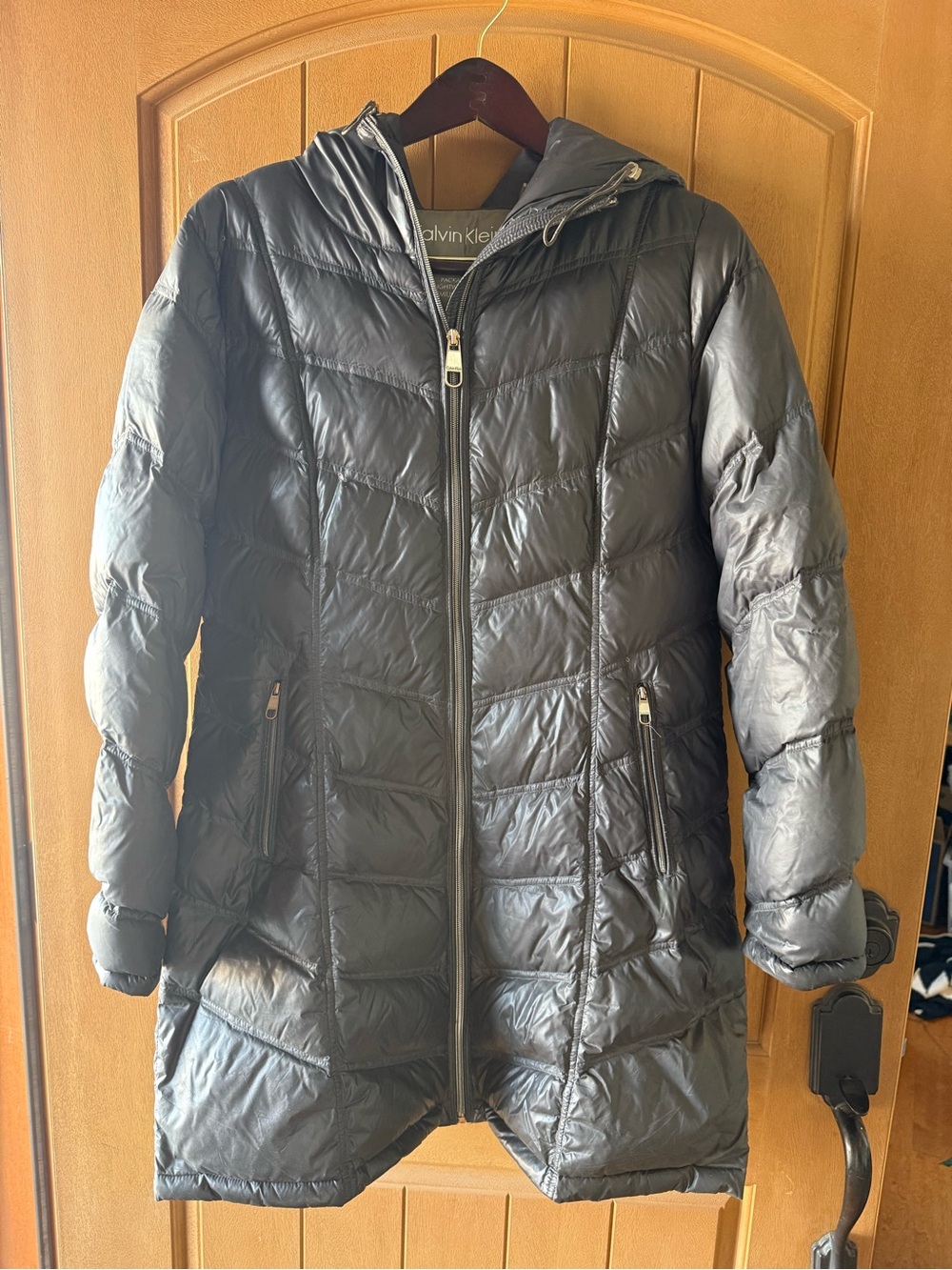 Calvin Klein Packable Premium Down Hooded Long Puffer Coat Gray L